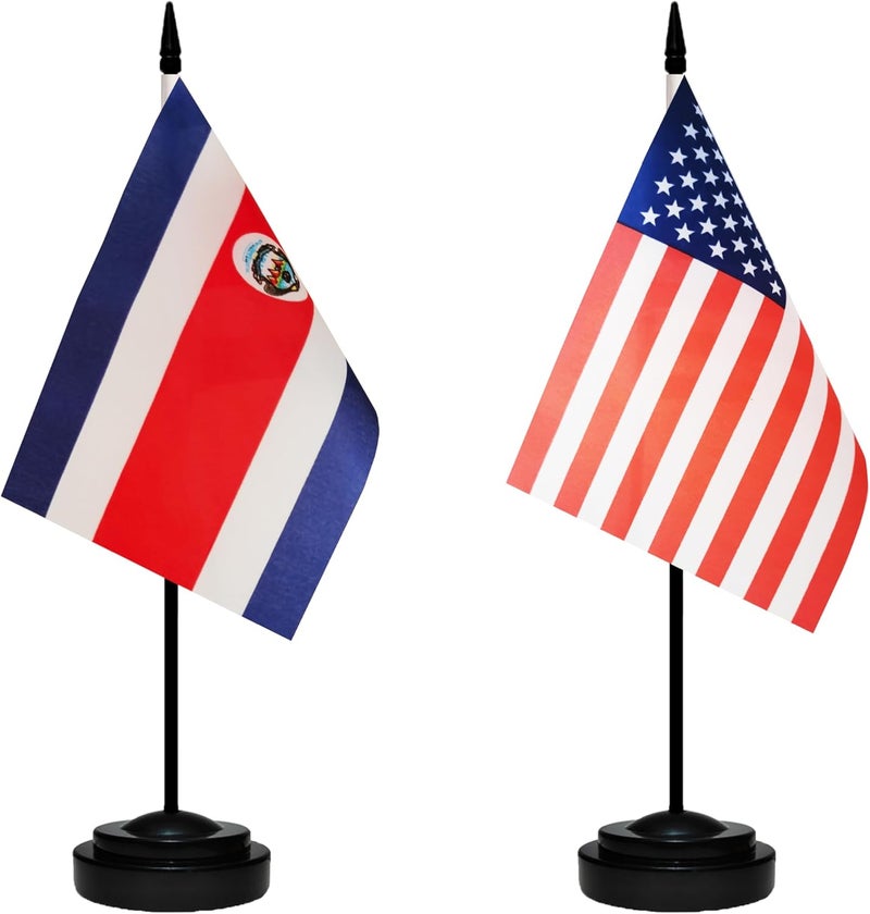 tibijoy USA American & Costa Rica Costa Rican Desk Flags, US Costa Rica Table Flag, Small Mini American & Costa Rican Twin Table Office Flag, Miniature Costa Rican and US Desktop Flag With 13" Solid Black Pole, Black Base - Image 1